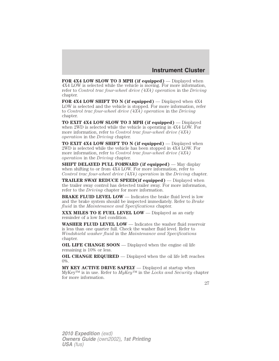 Instrument cluster | FORD 2010 Expedition v.1 User Manual | Page 27 / 420