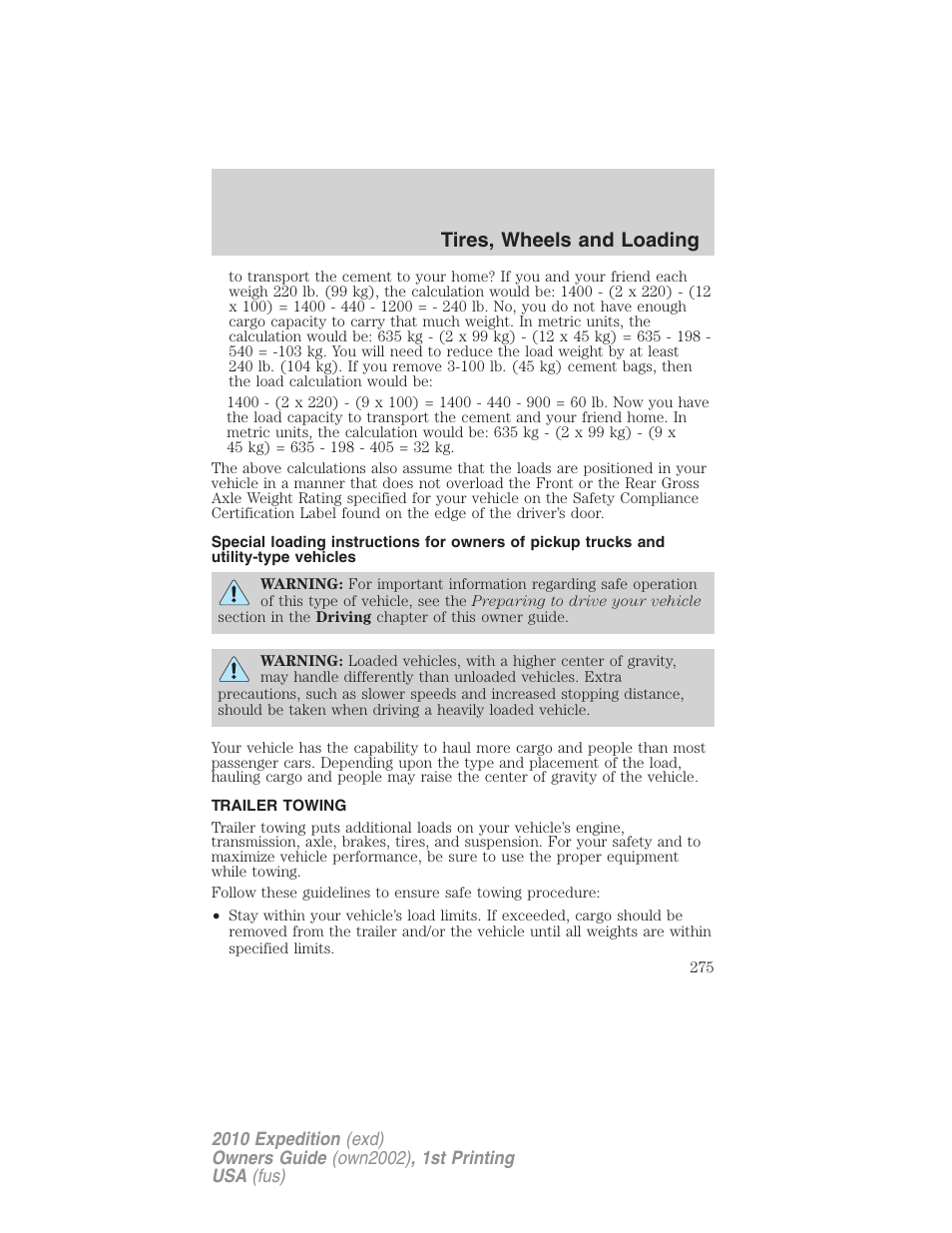 Trailer towing, Tires, wheels and loading | FORD 2010 Expedition v.1 User Manual | Page 275 / 420