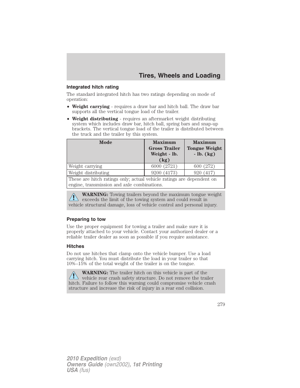 Integrated hitch rating, Preparing to tow, Hitches | Tires, wheels and loading | FORD 2010 Expedition v.1 User Manual | Page 279 / 420
