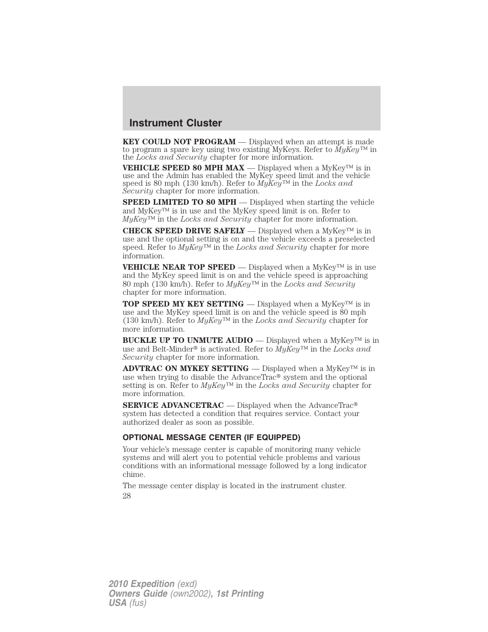 Optional message center (if equipped), Instrument cluster | FORD 2010 Expedition v.1 User Manual | Page 28 / 420