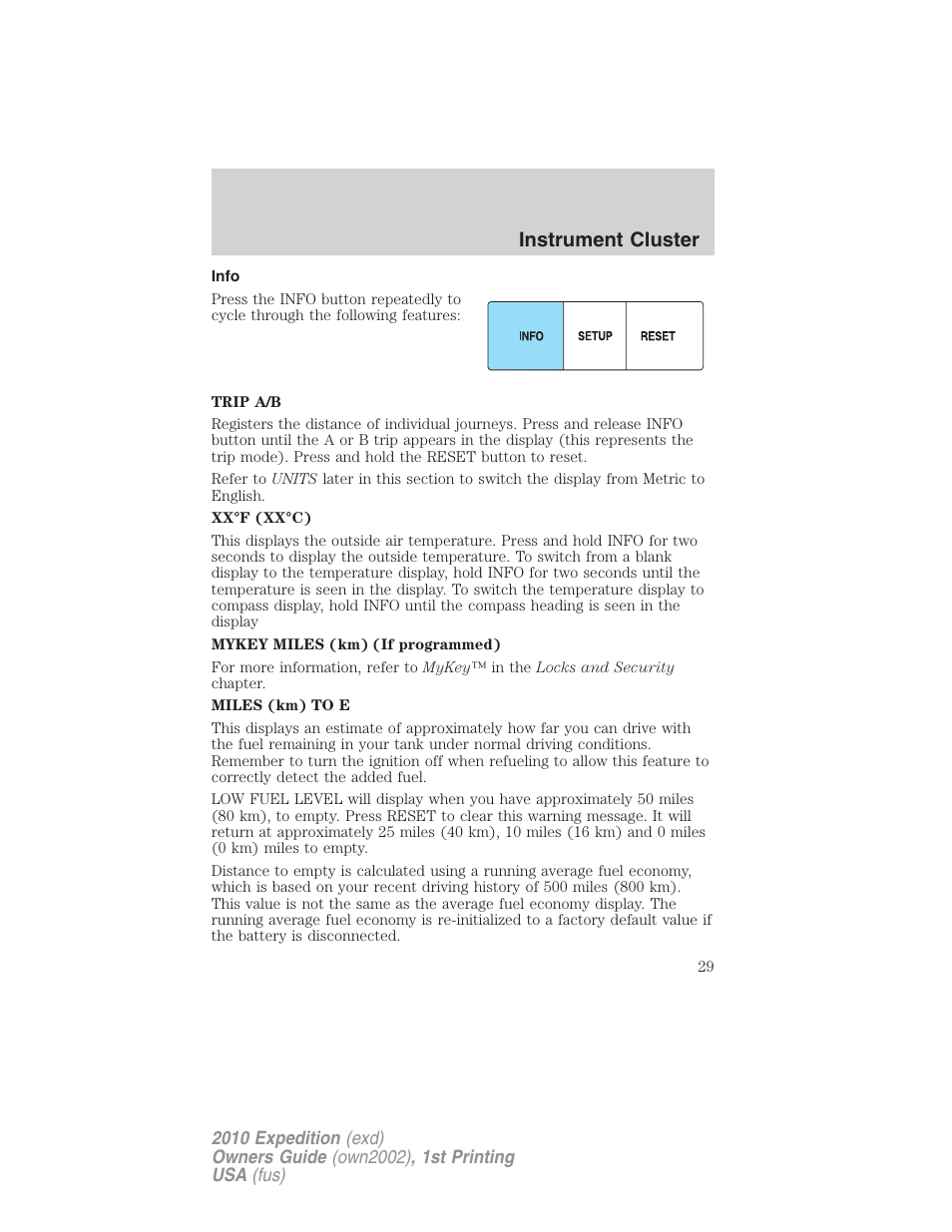 Info, Instrument cluster | FORD 2010 Expedition v.1 User Manual | Page 29 / 420