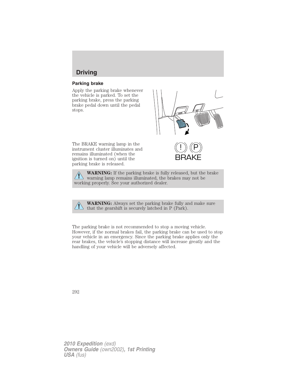 Parking brake, P! brake | FORD 2010 Expedition v.1 User Manual | Page 292 / 420