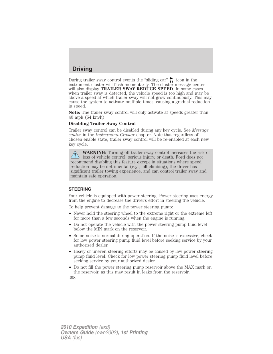 Steering, Driving | FORD 2010 Expedition v.1 User Manual | Page 298 / 420