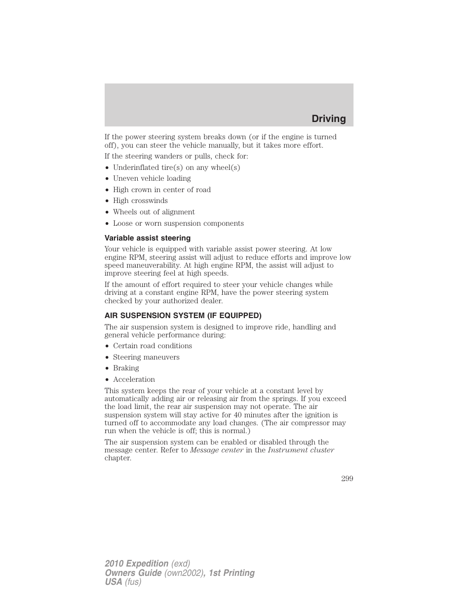 Variable assist steering, Air suspension system (if equipped), Air suspension | Driving | FORD 2010 Expedition v.1 User Manual | Page 299 / 420