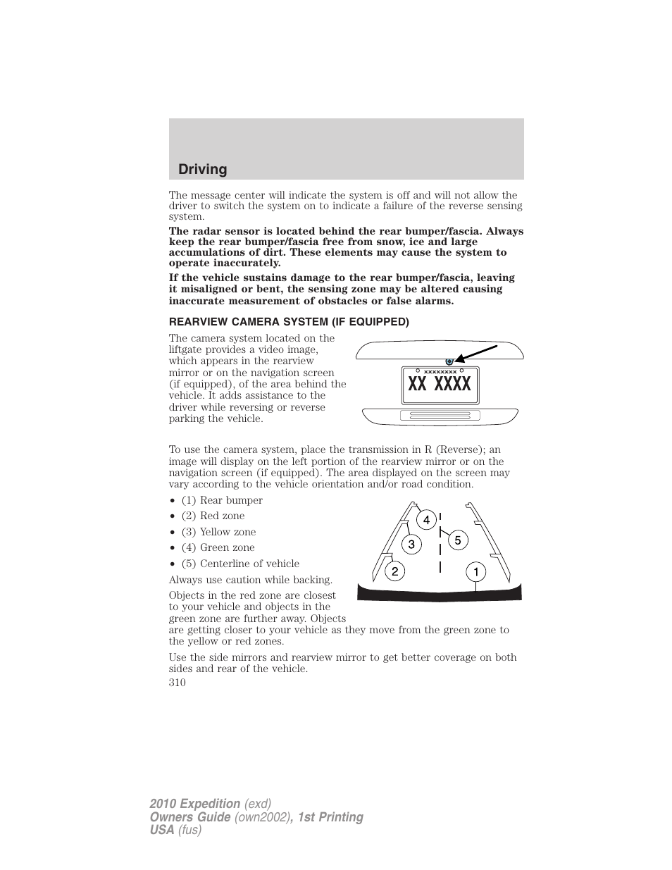 Rearview camera system (if equipped), Rear-view camera system, Driving | FORD 2010 Expedition v.1 User Manual | Page 310 / 420