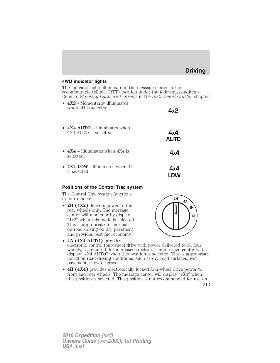 4wd indicator lights, Positions of the control trac system, Driving | FORD 2010 Expedition v.1 User Manual | Page 313 / 420