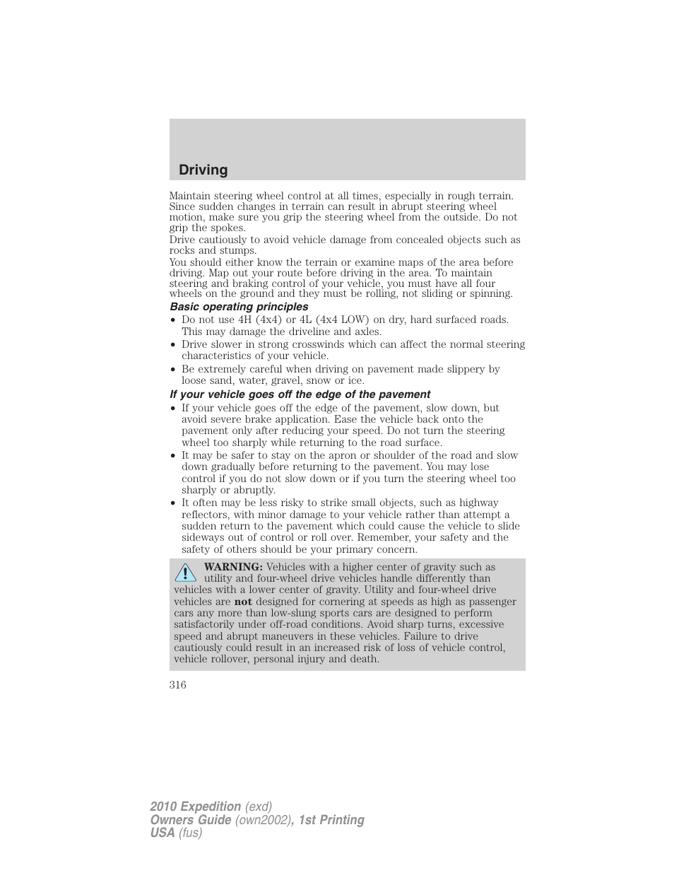 Basic operating principles, If your vehicle goes off the edge of the pavement, Driving | FORD 2010 Expedition v.1 User Manual | Page 316 / 420