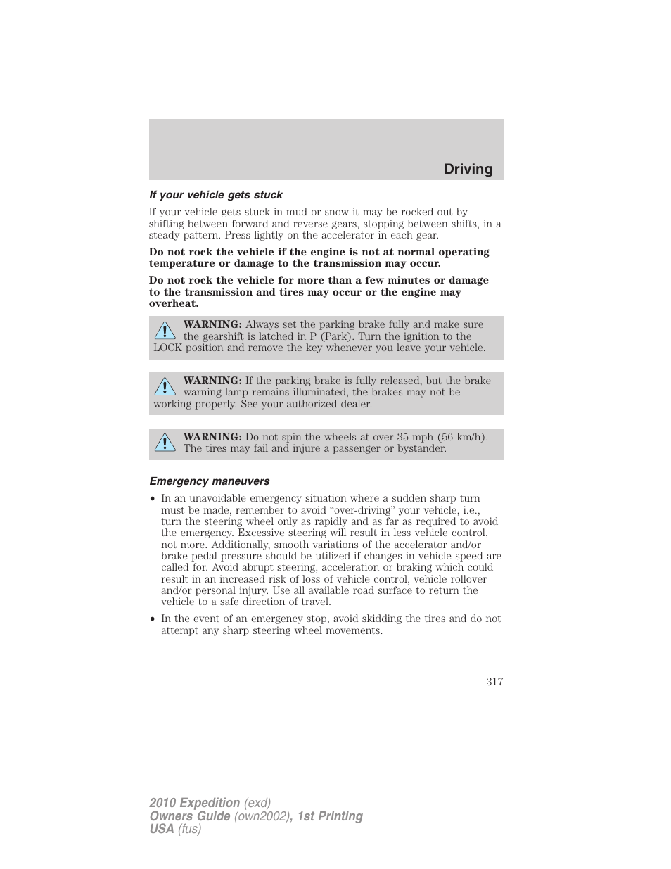 If your vehicle gets stuck, Emergency maneuvers, Driving | FORD 2010 Expedition v.1 User Manual | Page 317 / 420