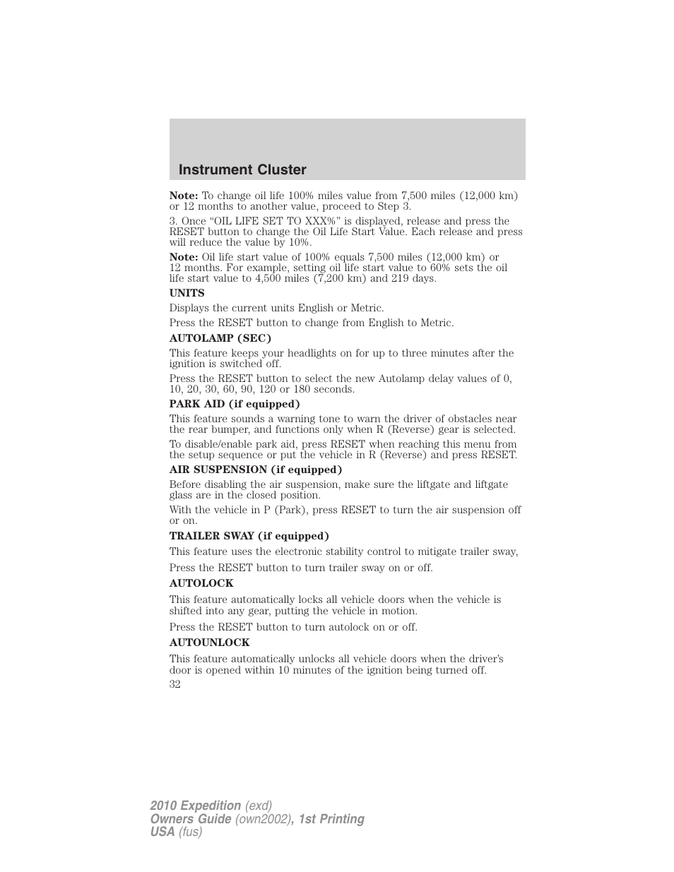 Instrument cluster | FORD 2010 Expedition v.1 User Manual | Page 32 / 420