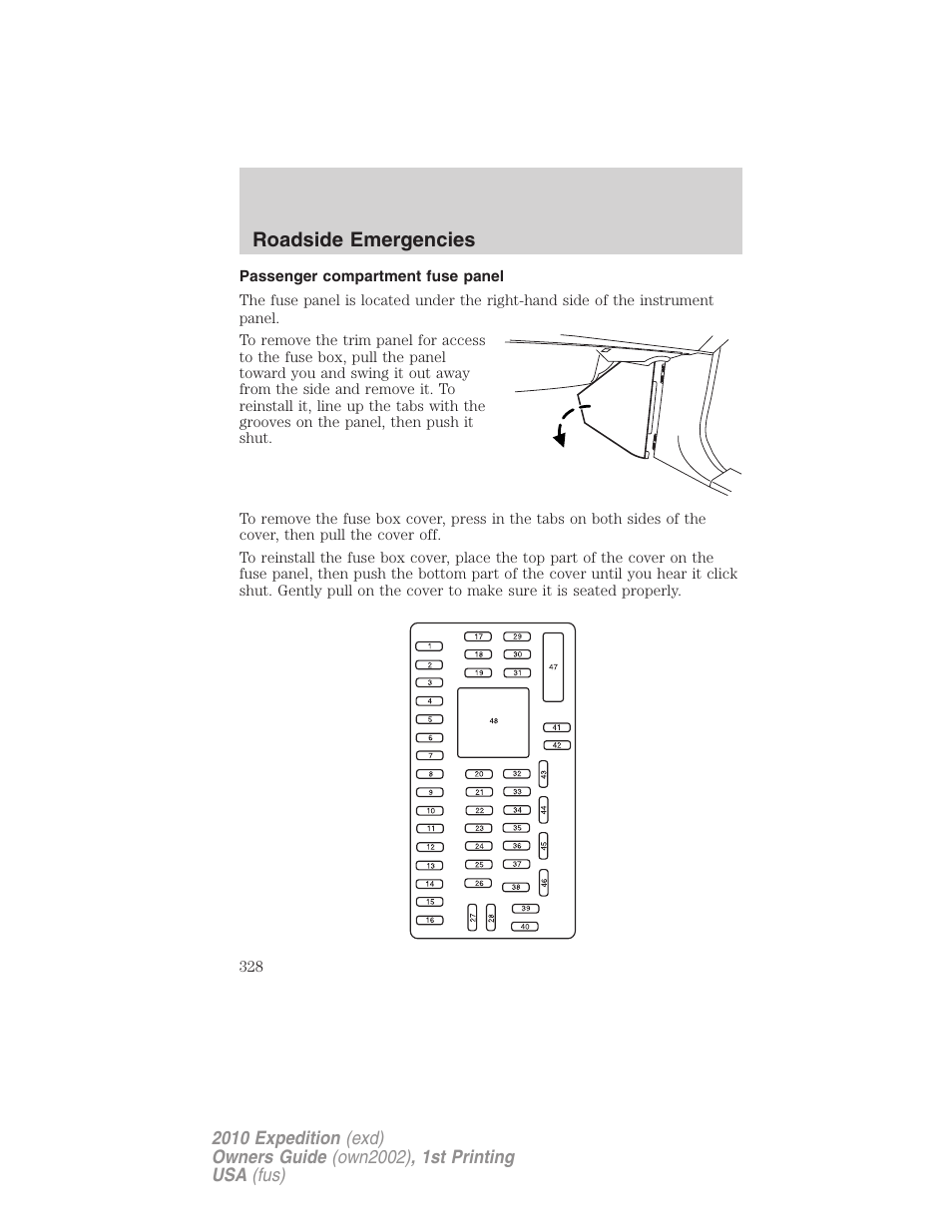 Passenger compartment fuse panel, Roadside emergencies | FORD 2010 Expedition v.1 User Manual | Page 328 / 420