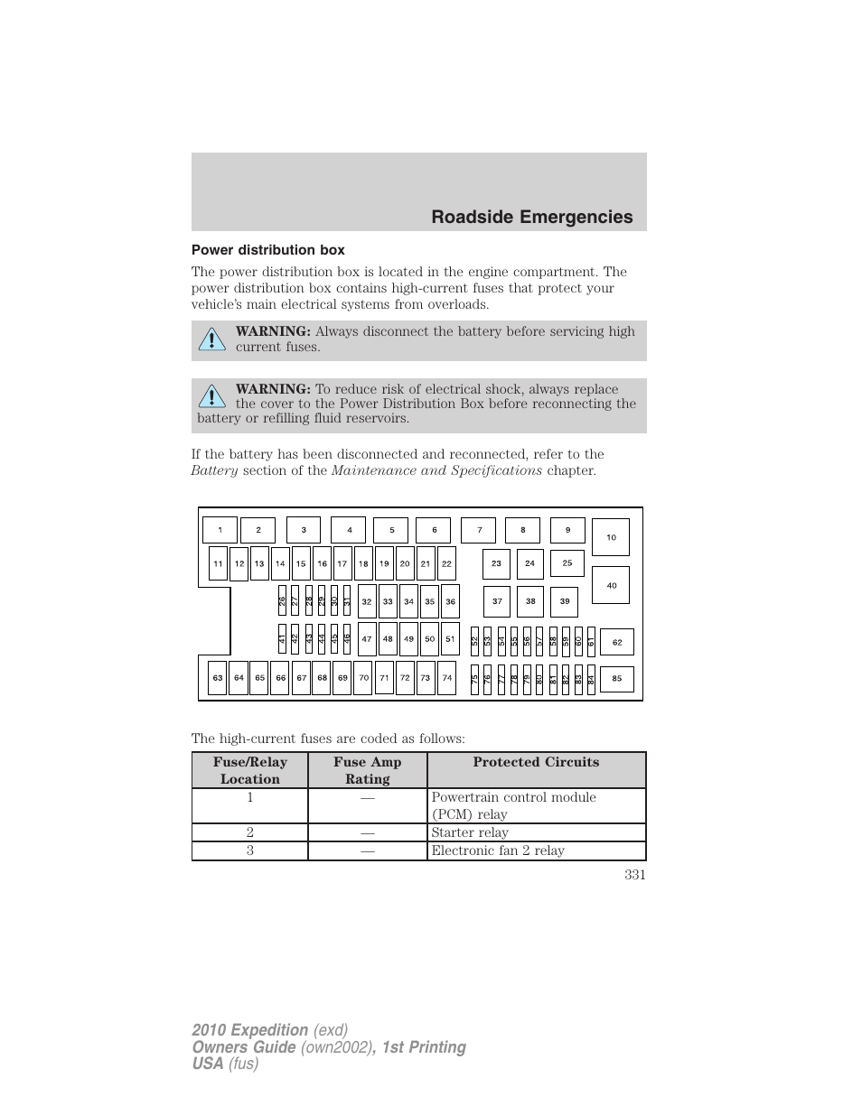 Power distribution box, Roadside emergencies | FORD 2010 Expedition v.1 User Manual | Page 331 / 420