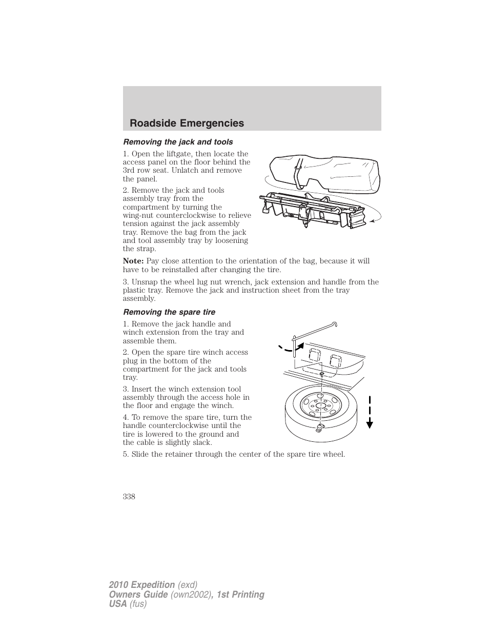 Removing the jack and tools, Removing the spare tire, Roadside emergencies | FORD 2010 Expedition v.1 User Manual | Page 338 / 420