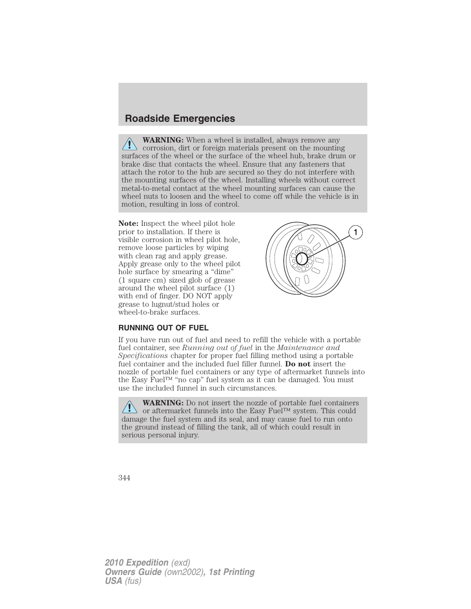 Running out of fuel, Roadside emergencies | FORD 2010 Expedition v.1 User Manual | Page 344 / 420