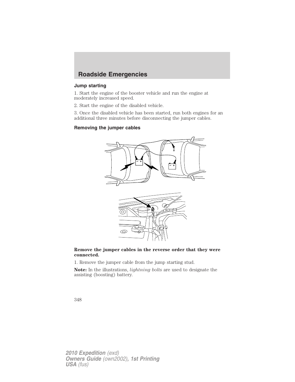 Jump starting, Removing the jumper cables, Roadside emergencies | FORD 2010 Expedition v.1 User Manual | Page 348 / 420