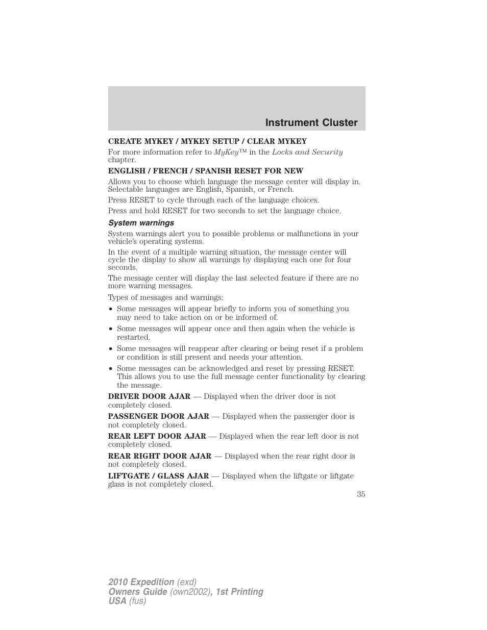 System warnings, Instrument cluster | FORD 2010 Expedition v.1 User Manual | Page 35 / 420