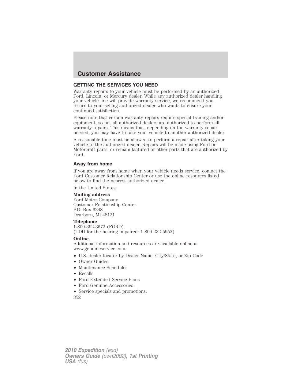 Customer assistance, Getting the services you need, Away from home | FORD 2010 Expedition v.1 User Manual | Page 352 / 420