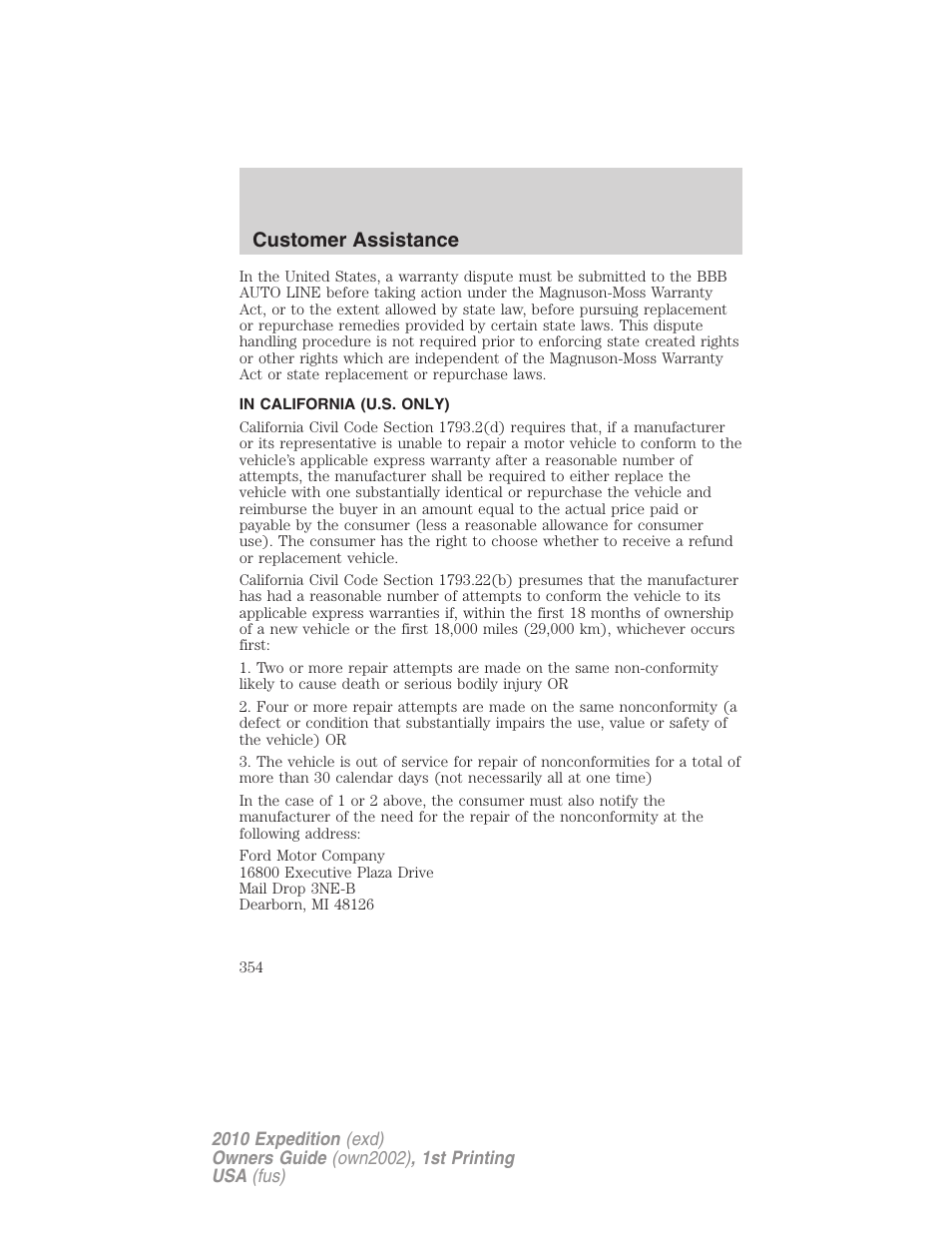 In california (u.s. only), Customer assistance | FORD 2010 Expedition v.1 User Manual | Page 354 / 420