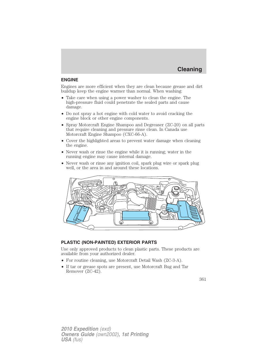 Engine, Plastic (non-painted) exterior parts, Cleaning | FORD 2010 Expedition v.1 User Manual | Page 361 / 420