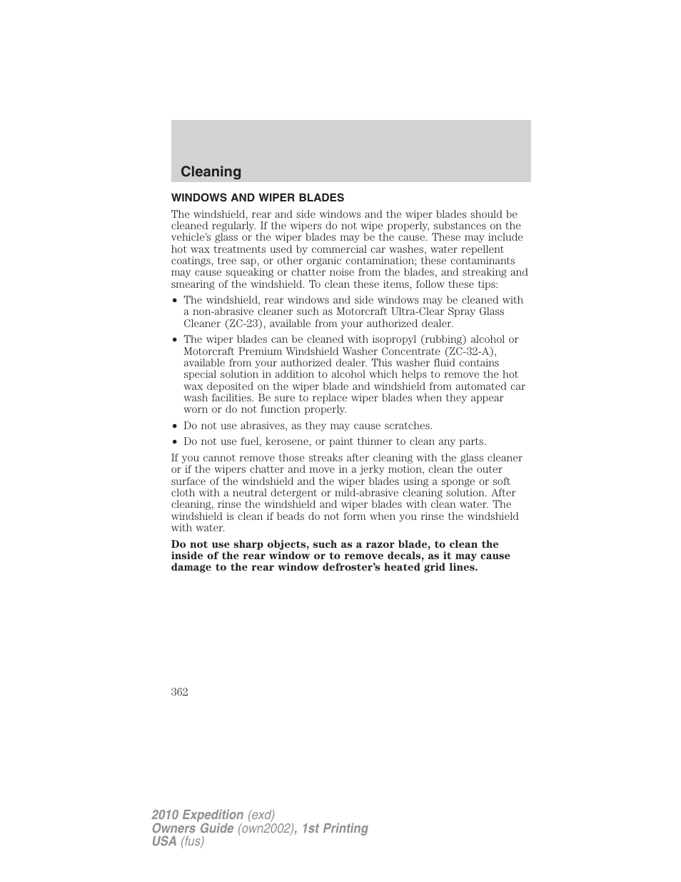 Windows and wiper blades, Cleaning | FORD 2010 Expedition v.1 User Manual | Page 362 / 420