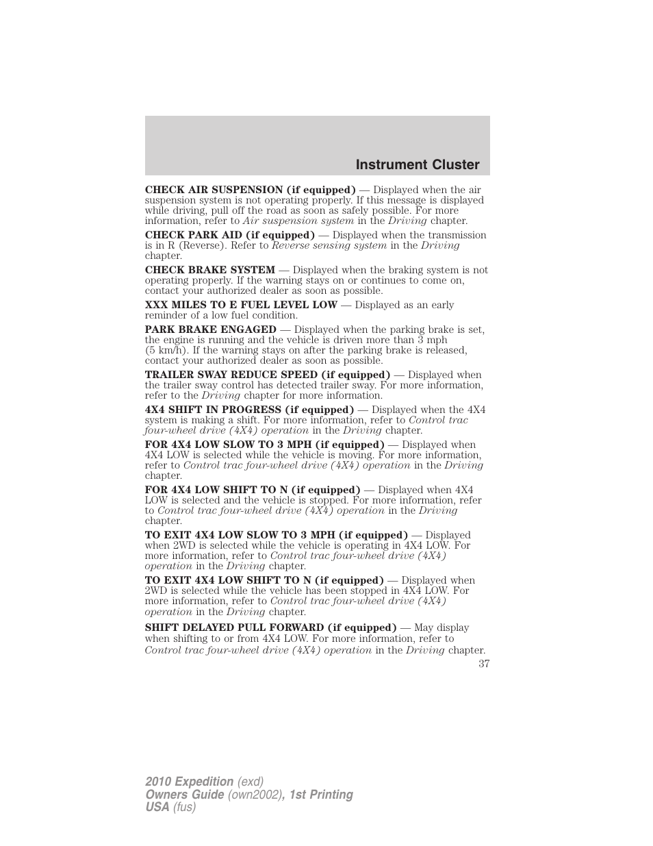 Instrument cluster | FORD 2010 Expedition v.1 User Manual | Page 37 / 420