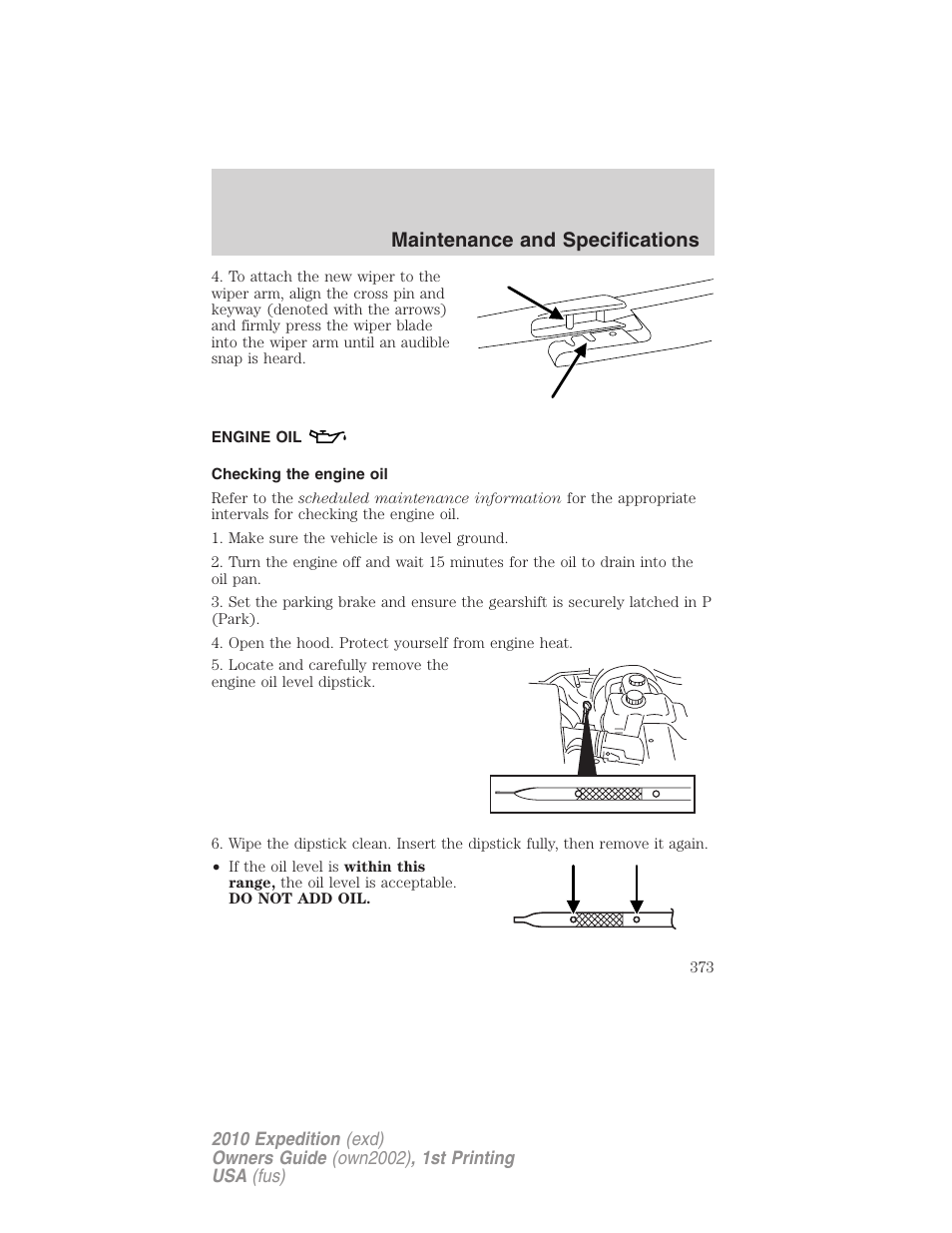 Engine oil, Checking the engine oil, Maintenance and specifications | FORD 2010 Expedition v.1 User Manual | Page 373 / 420