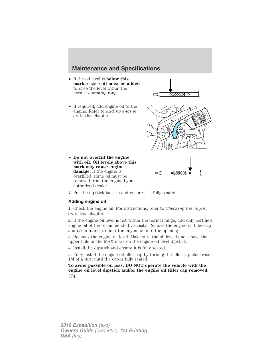 Adding engine oil, Maintenance and specifications | FORD 2010 Expedition v.1 User Manual | Page 374 / 420