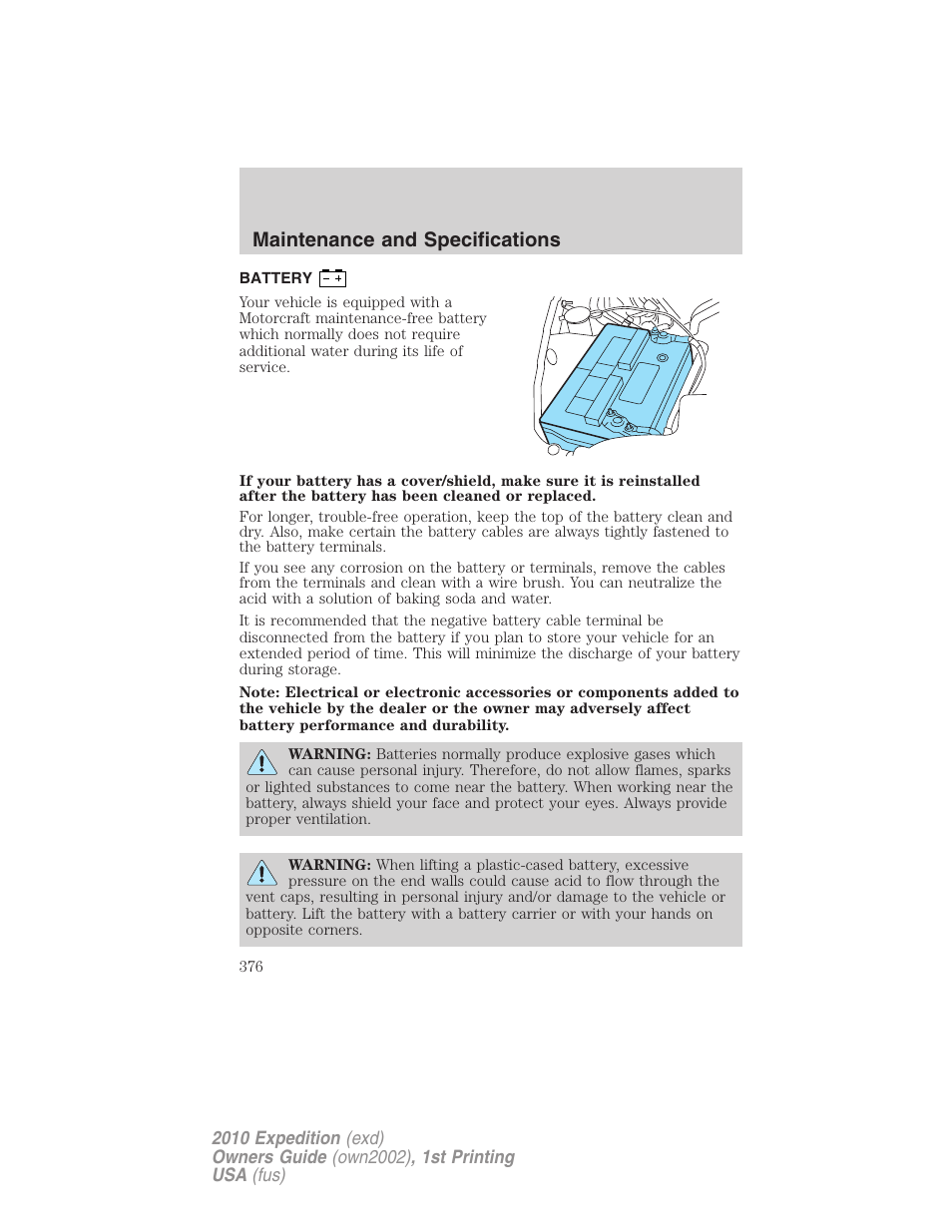 Battery, Maintenance and specifications | FORD 2010 Expedition v.1 User Manual | Page 376 / 420