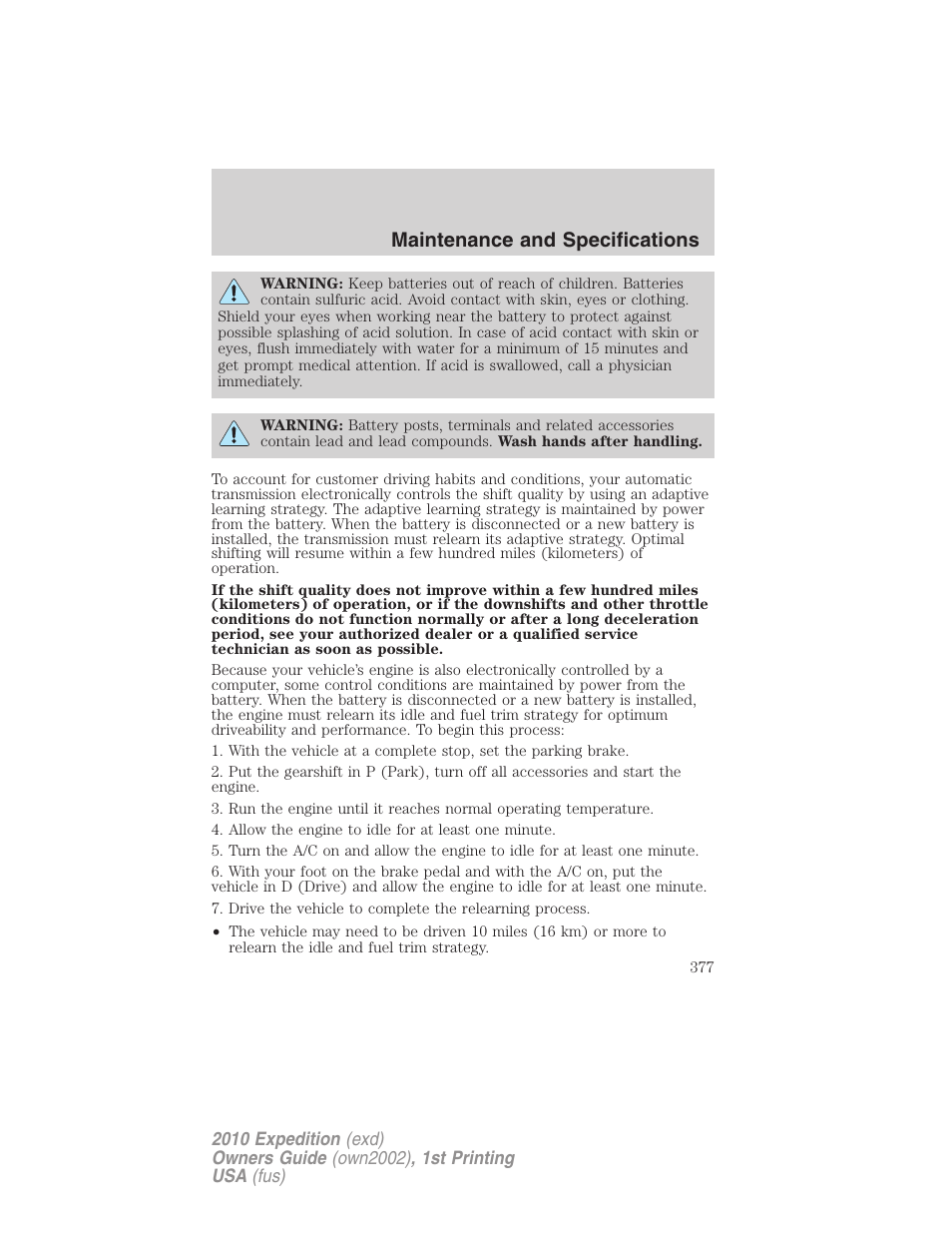 Maintenance and specifications | FORD 2010 Expedition v.1 User Manual | Page 377 / 420