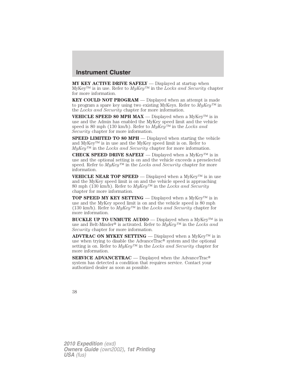 Instrument cluster | FORD 2010 Expedition v.1 User Manual | Page 38 / 420