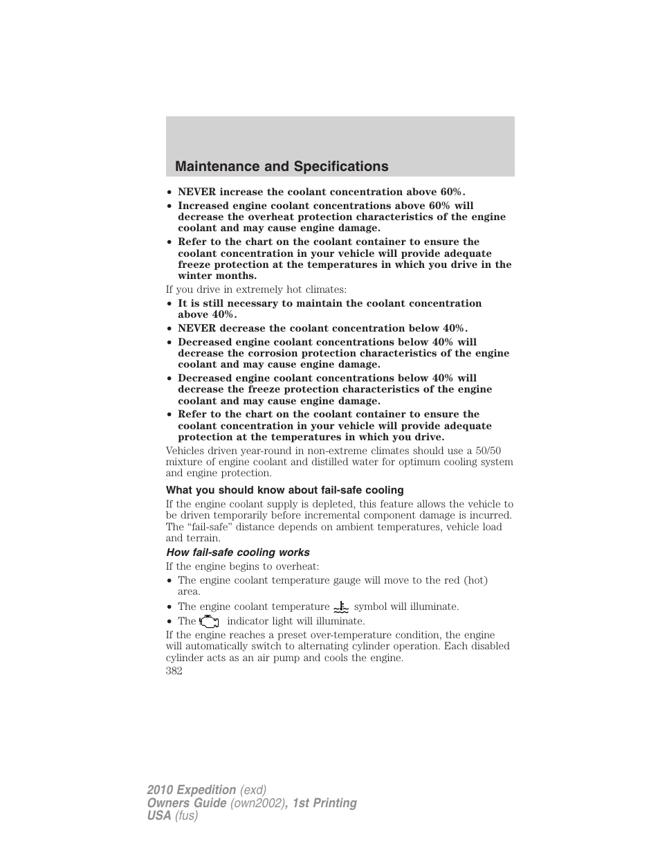 What you should know about fail-safe cooling, How fail-safe cooling works, Maintenance and specifications | FORD 2010 Expedition v.1 User Manual | Page 382 / 420