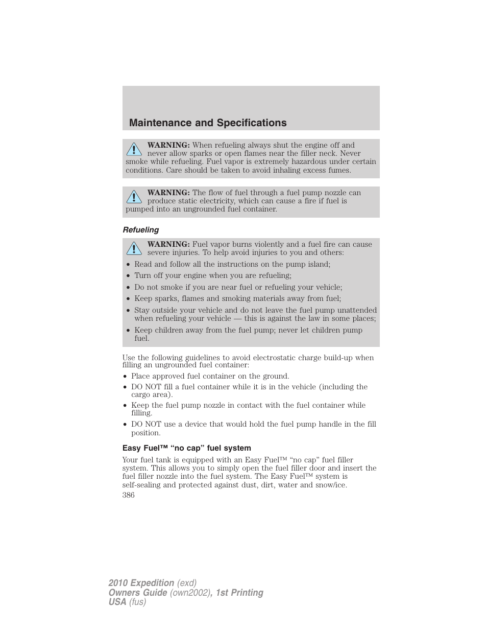 Refueling, Easy fuel™ “no cap” fuel system, Maintenance and specifications | FORD 2010 Expedition v.1 User Manual | Page 386 / 420