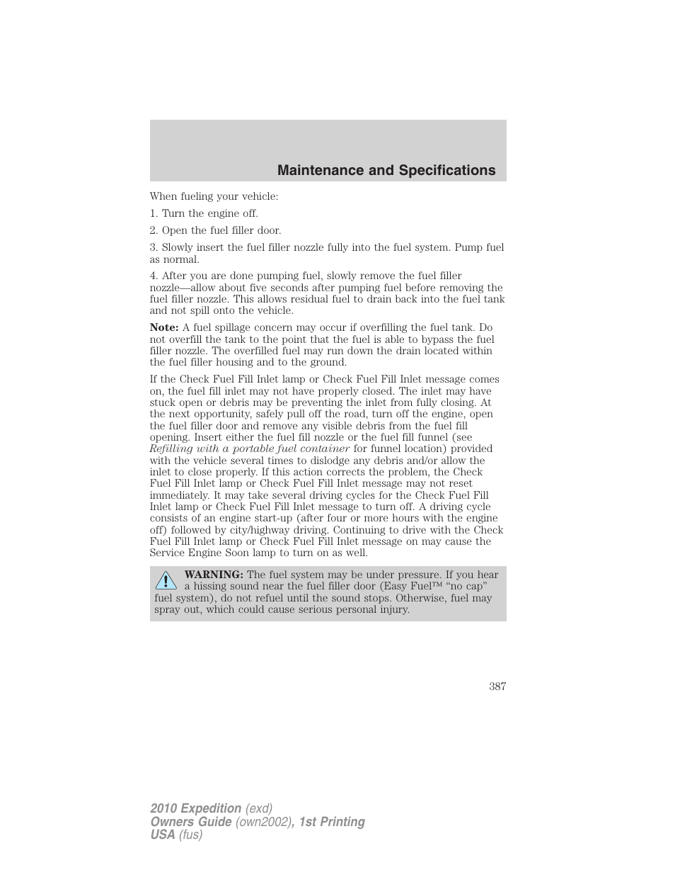 Maintenance and specifications | FORD 2010 Expedition v.1 User Manual | Page 387 / 420