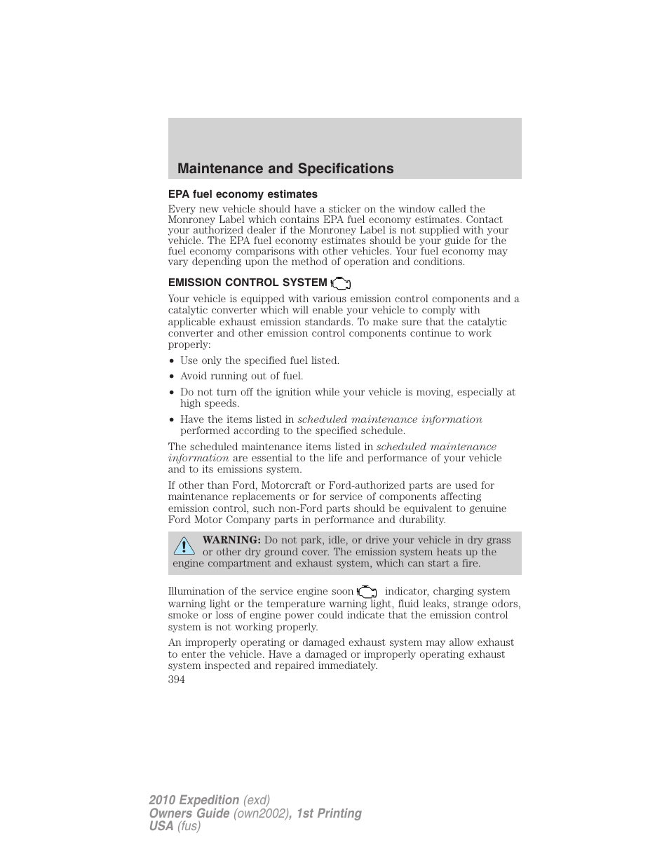 Epa fuel economy estimates, Emission control system, Maintenance and specifications | FORD 2010 Expedition v.1 User Manual | Page 394 / 420