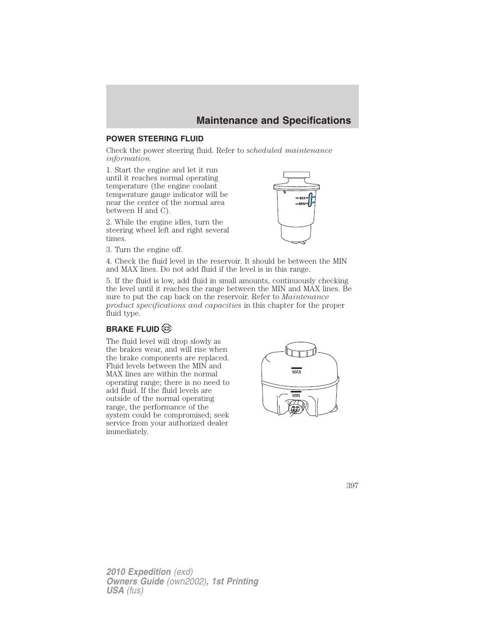 Power steering fluid, Brake fluid, Maintenance and specifications | FORD 2010 Expedition v.1 User Manual | Page 397 / 420