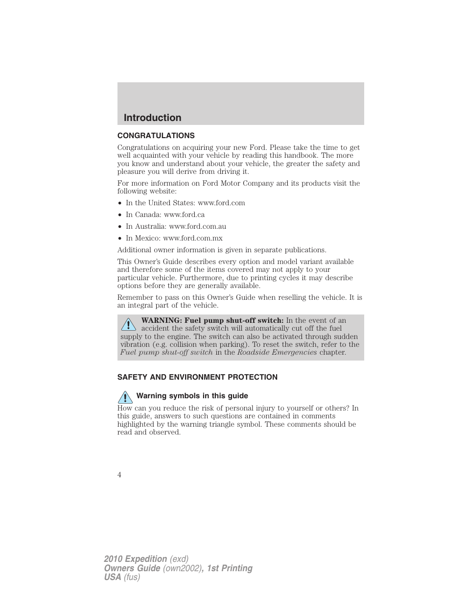 Introduction, Congratulations, Safety and environment protection | Warning symbols in this guide | FORD 2010 Expedition v.1 User Manual | Page 4 / 420