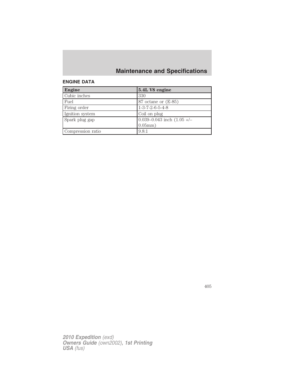 Engine data, Maintenance and specifications | FORD 2010 Expedition v.1 User Manual | Page 405 / 420