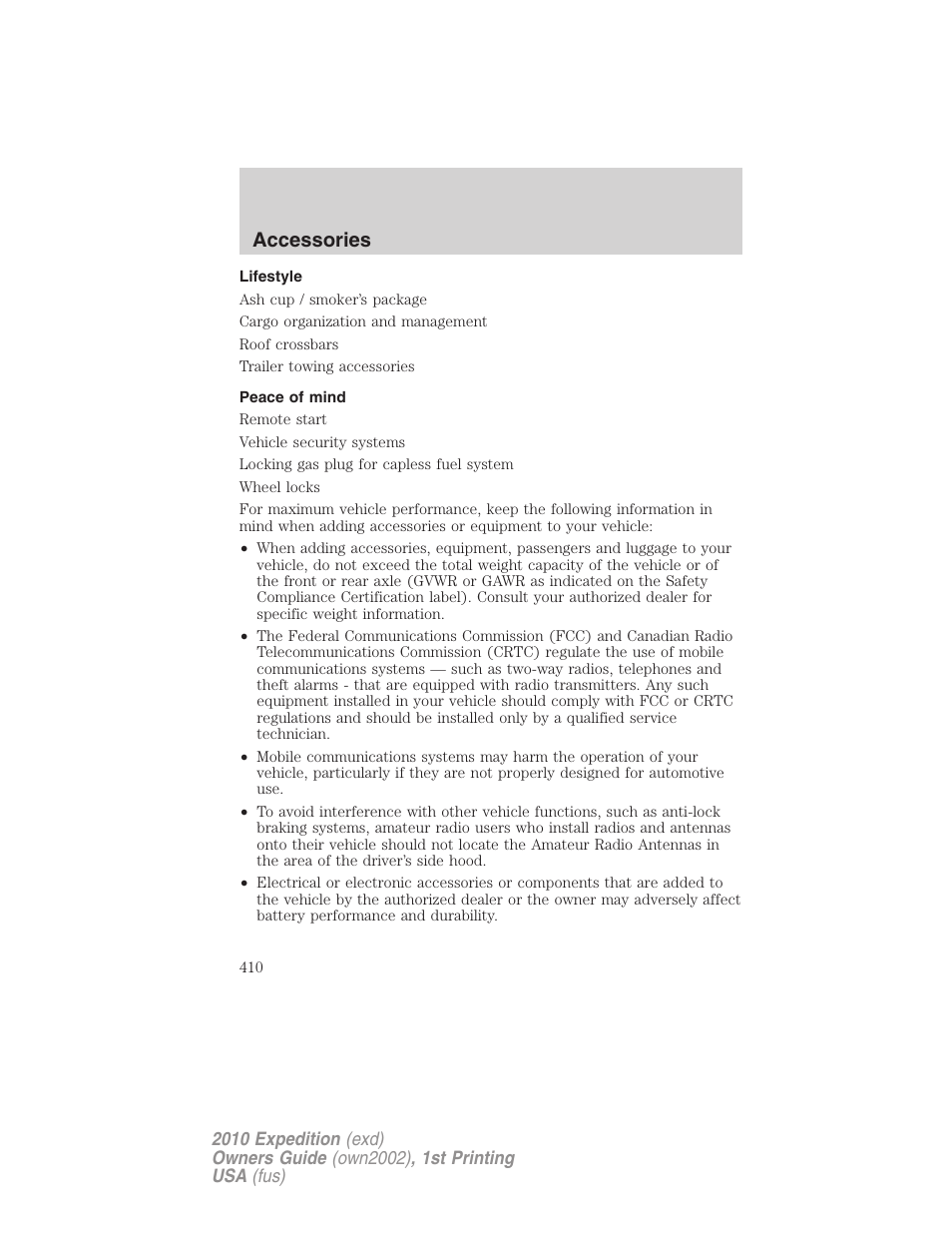 Lifestyle, Peace of mind, Accessories | FORD 2010 Expedition v.1 User Manual | Page 410 / 420