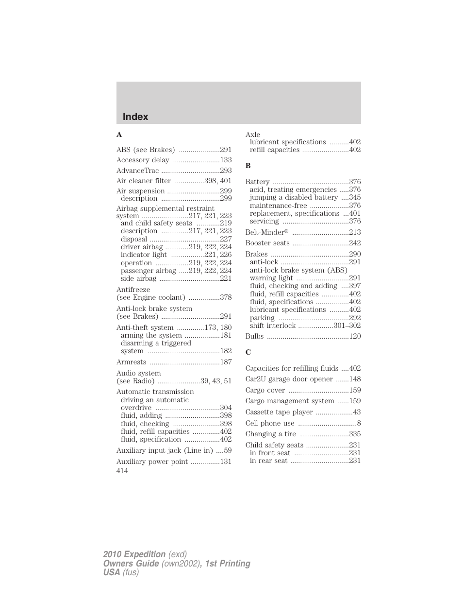 Index | FORD 2010 Expedition v.1 User Manual | Page 414 / 420