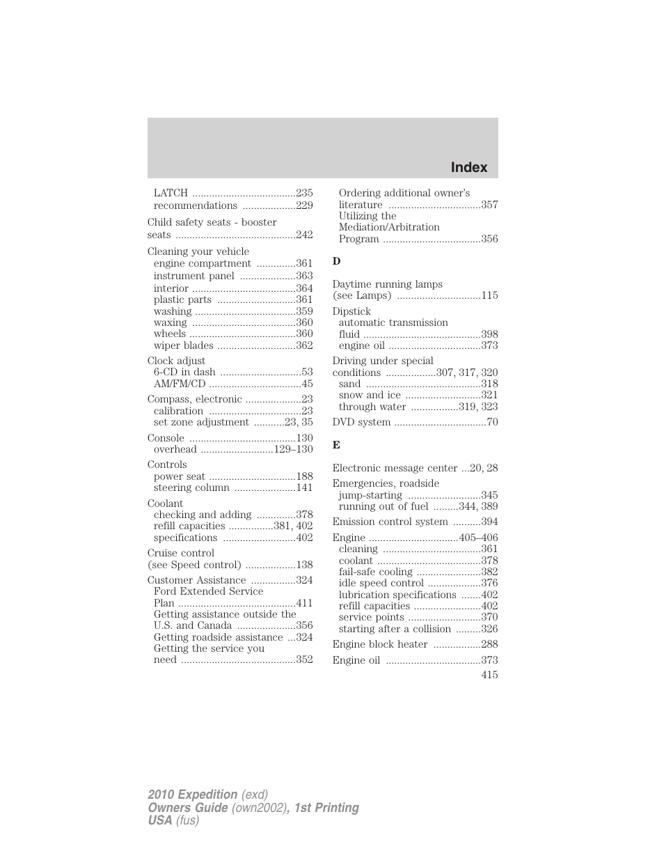 Index | FORD 2010 Expedition v.1 User Manual | Page 415 / 420