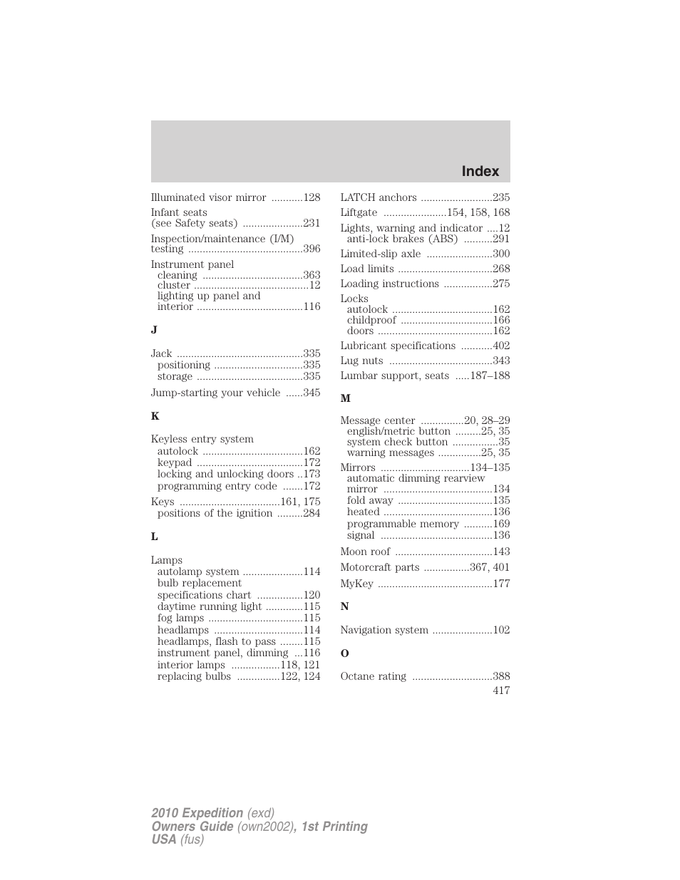 Index | FORD 2010 Expedition v.1 User Manual | Page 417 / 420