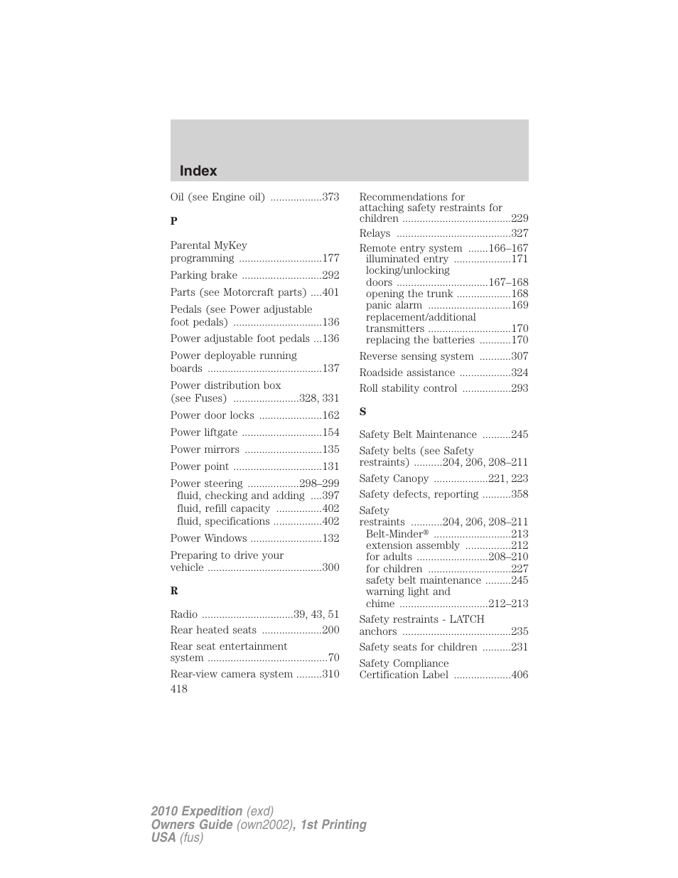 Index | FORD 2010 Expedition v.1 User Manual | Page 418 / 420