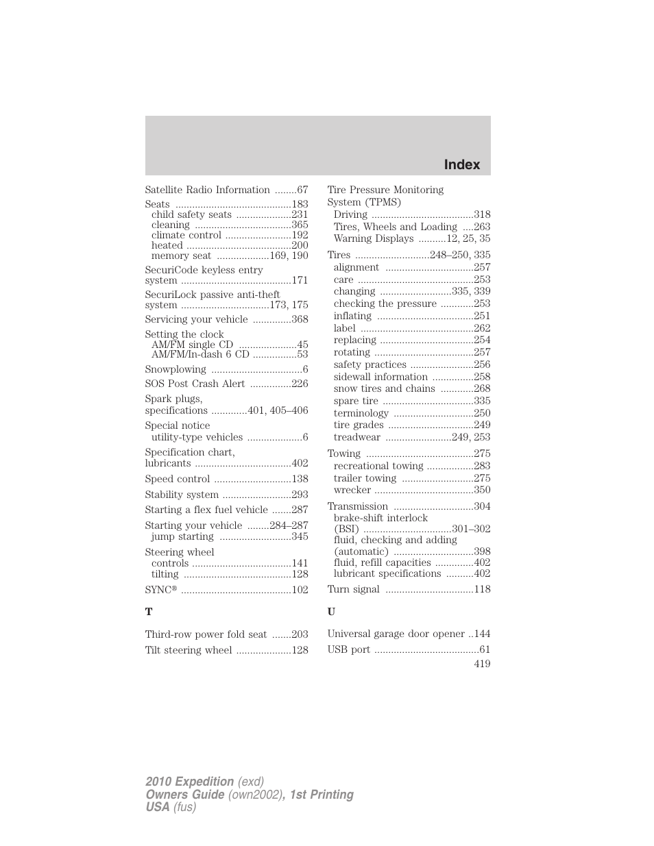 Index | FORD 2010 Expedition v.1 User Manual | Page 419 / 420