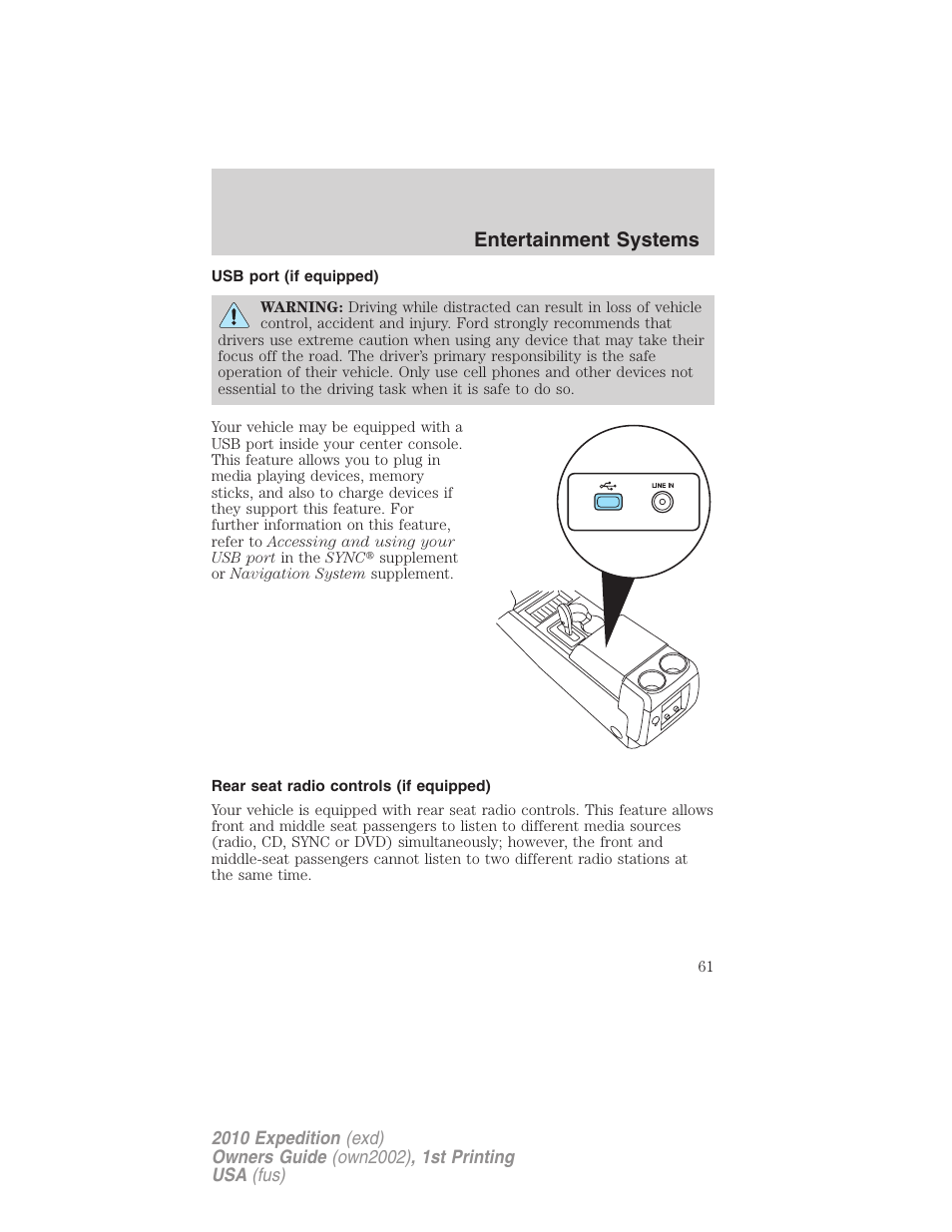 Usb port (if equipped), Rear seat radio controls (if equipped), Usb port | Rear seat controls, Entertainment systems | FORD 2010 Expedition v.1 User Manual | Page 61 / 420