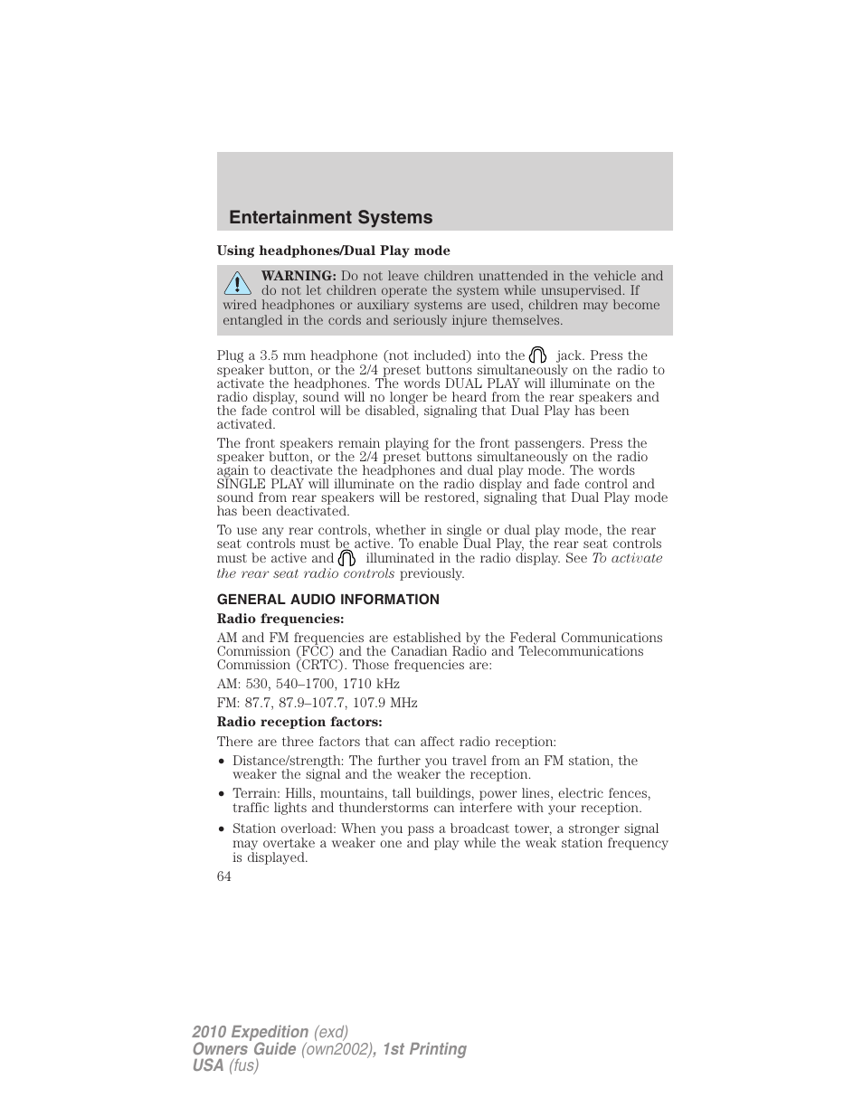 General audio information, Entertainment systems | FORD 2010 Expedition v.1 User Manual | Page 64 / 420