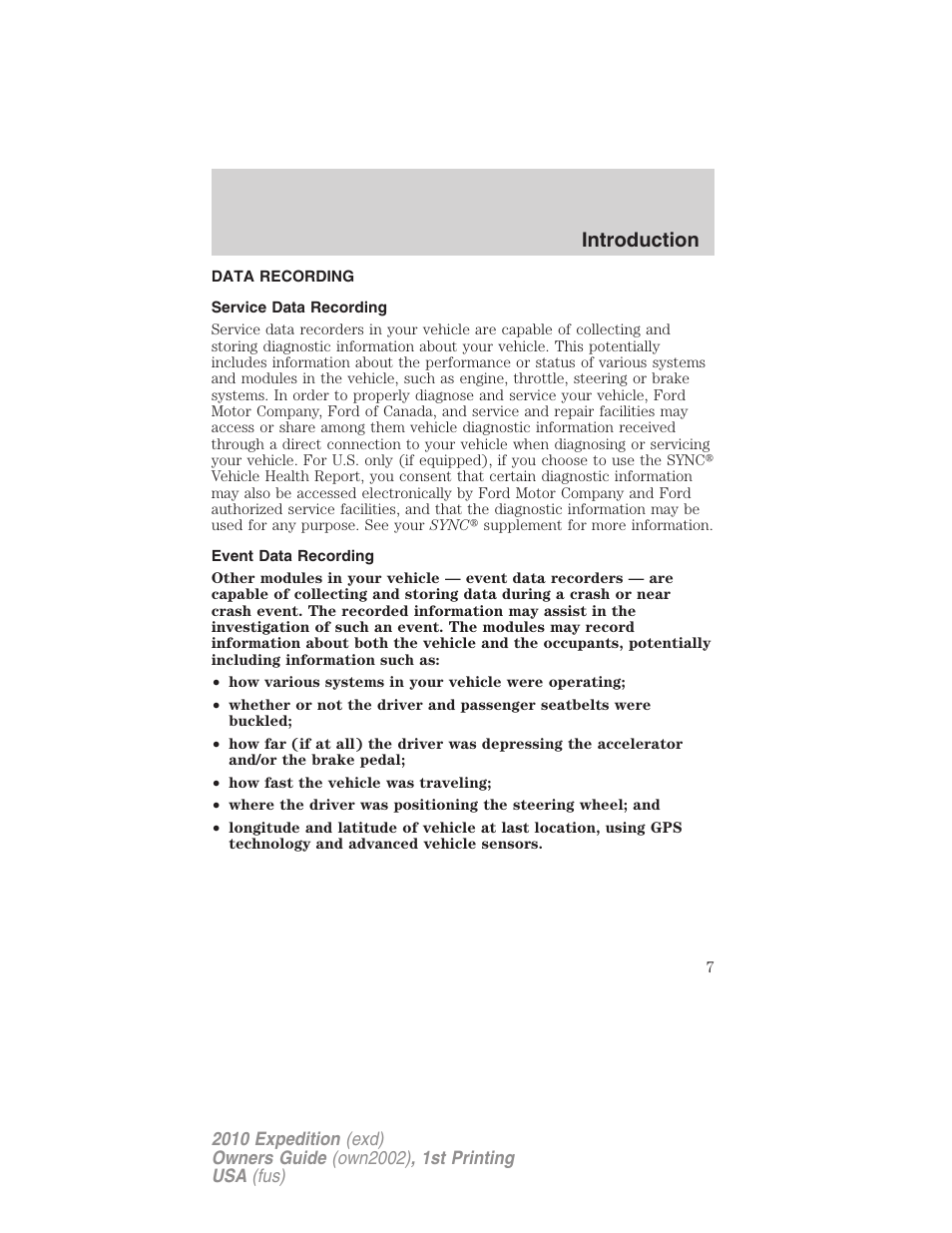 Data recording, Service data recording, Event data recording | Introduction | FORD 2010 Expedition v.1 User Manual | Page 7 / 420