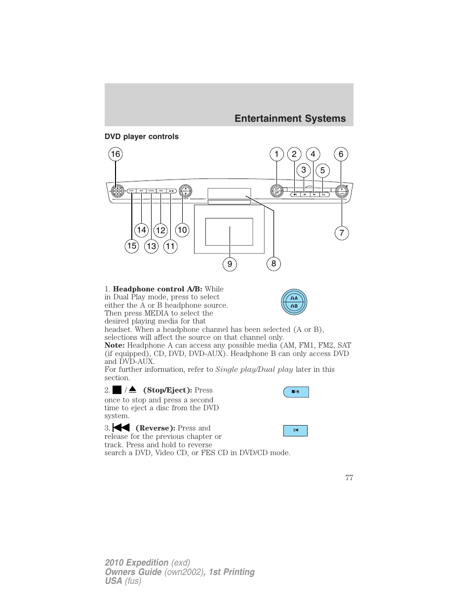 Dvd player controls, Entertainment systems | FORD 2010 Expedition v.1 User Manual | Page 77 / 420