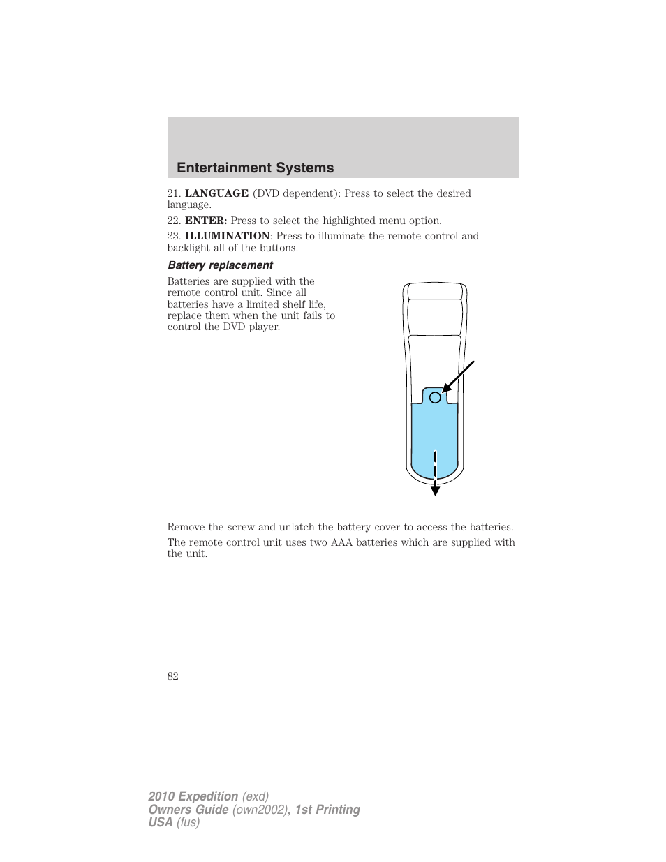 Battery replacement, Entertainment systems | FORD 2010 Expedition v.1 User Manual | Page 82 / 420