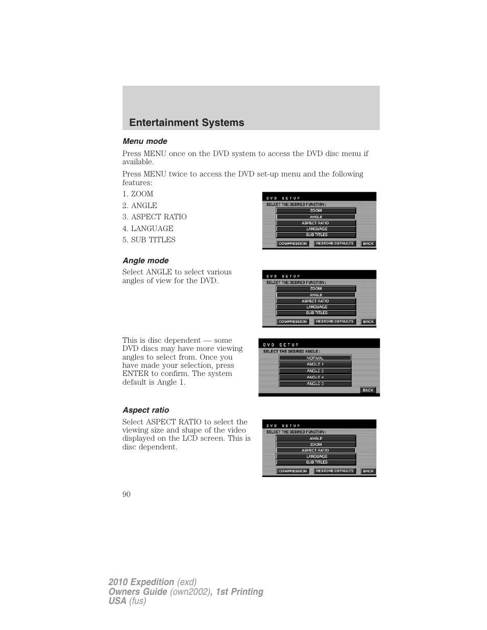 Menu mode, Angle mode, Aspect ratio | Entertainment systems | FORD 2010 Expedition v.1 User Manual | Page 90 / 420