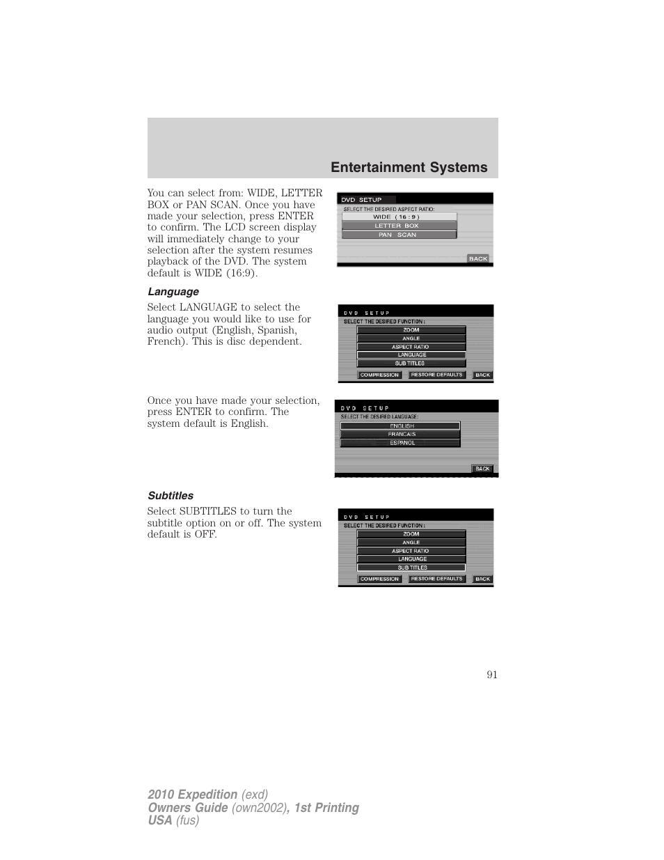 Language, Subtitles, Entertainment systems | FORD 2010 Expedition v.1 User Manual | Page 91 / 420