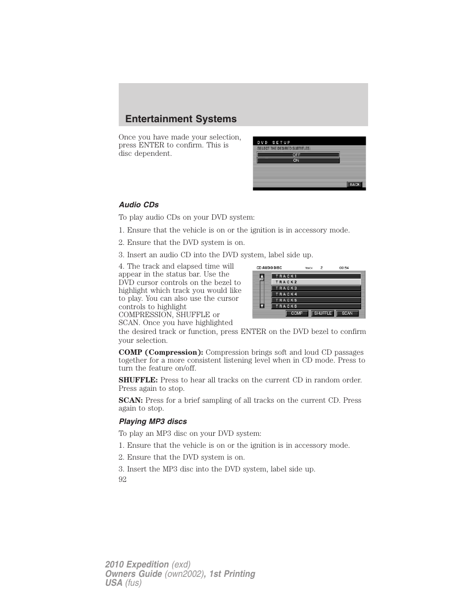 Audio cds, Playing mp3 discs, Entertainment systems | FORD 2010 Expedition v.1 User Manual | Page 92 / 420